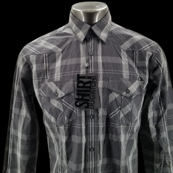 Bugatchi Shaped Fit Men's Flip Cuff Charcoal Plaid Long Sleeve Shirt Sz M - Picture 3 of 10